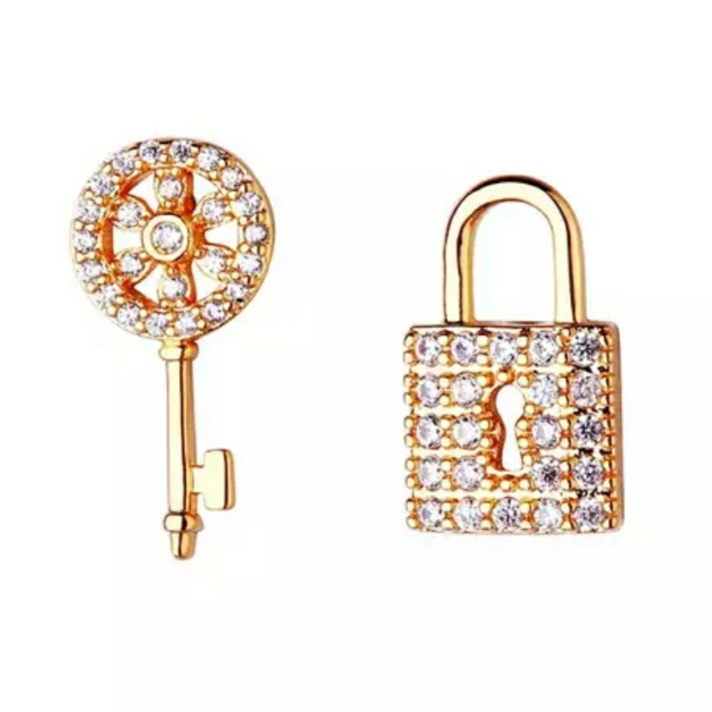 Gold Micro Pave Lock and Key Earrings - Picture 2 of 3